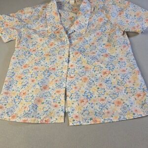 Lady Holiday Vintage Floral Short Sleeve Button Up Blouse Blue Orange Yellow